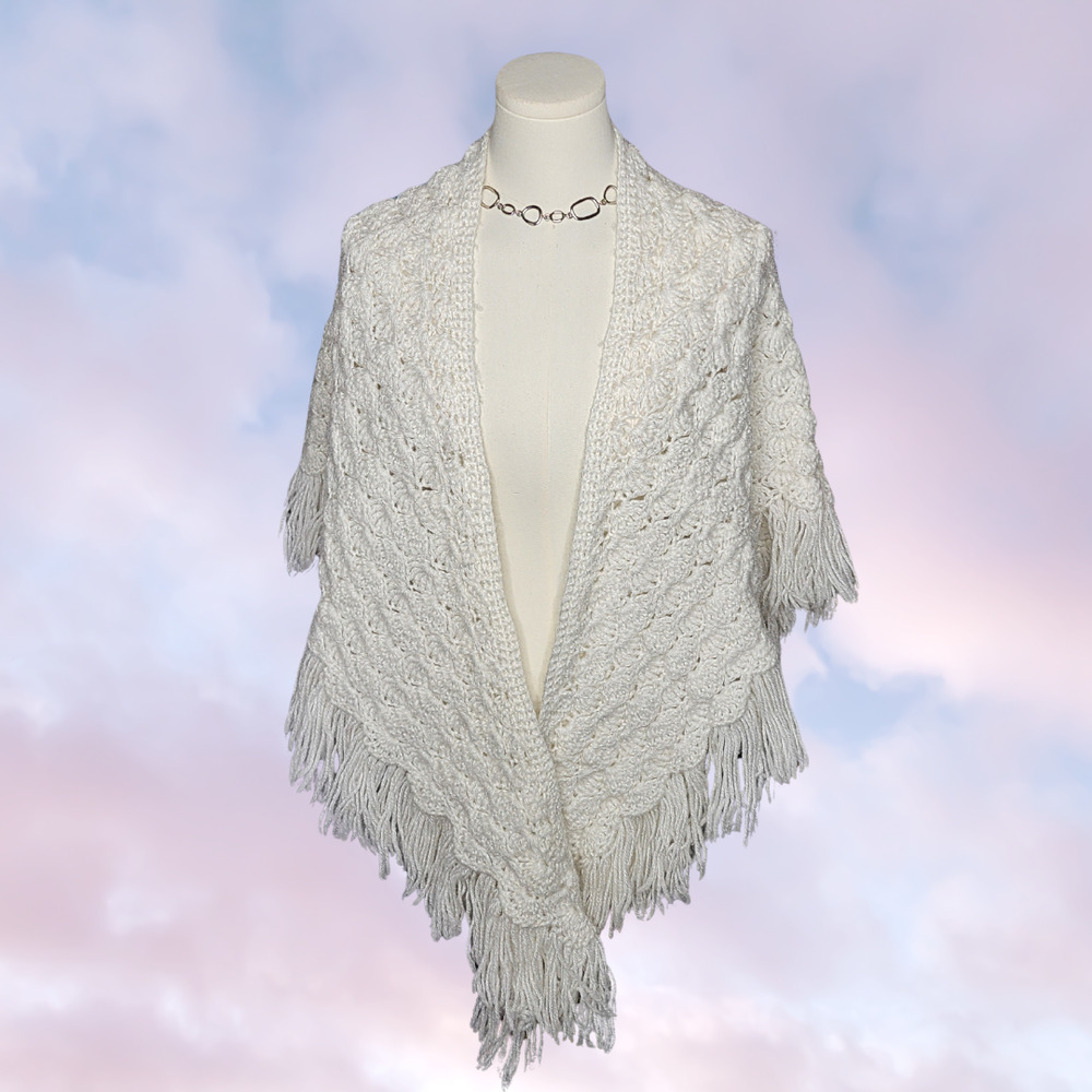 Vtg Off White Handmade Crochet Knit Boho Hippie Festival Prairie Shawl Fringe
